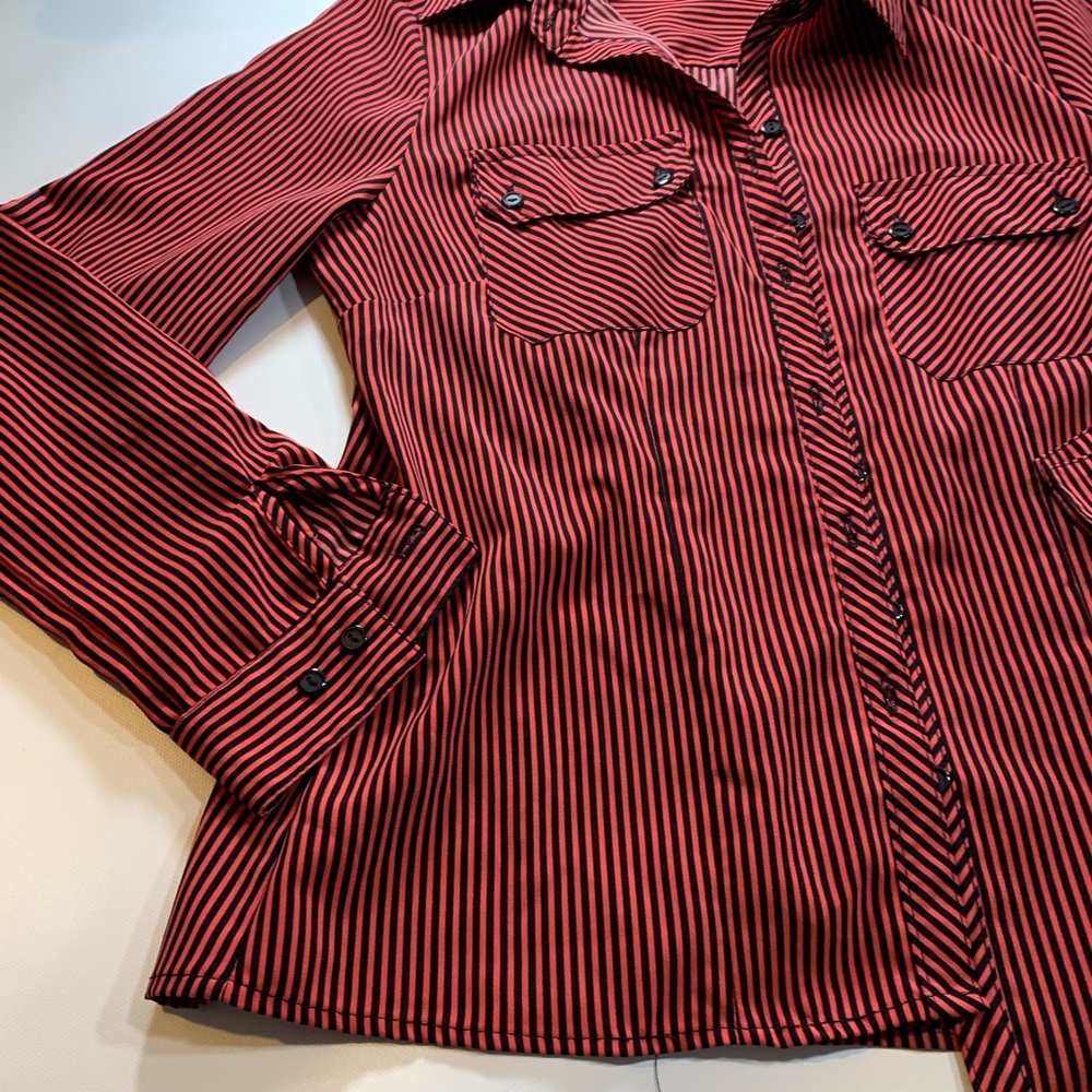 Elementz | Stripped Button Down Shirt Petite Black and Red Deep Burnt Orange - Picture 5 of 9